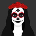 Woman with a makeup of sugar skull and red floral wreath. Day of the Dead celebration. Dia de los Muertos Royalty Free Stock Photo