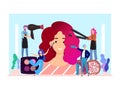 Woman makeup vector illustration, flat happy tiny cartoon makeup artist hairdresser characters group doing maquillage