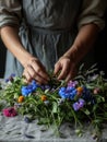 Woman making a beautiful wreath of fresh wildflowers and herbs for Scandinavian midsummer celebration. Generative AI Royalty Free Stock Photo