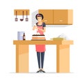 Woman making cake flat vector illustration. Cheerful bakehouse worker in apron, young housewife on kitchen cartoon