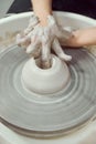 Woman making ceramic pottery on wheel, hands closeup. Concept for woman in freelance, business, creative hobby. Earn extra money, Royalty Free Stock Photo