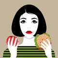 Woman making choice between apple and hamburger