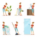 Woman making different housework. Active mother at homework. Vector illustration in cartoon style