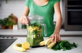 Woman making green smoothie with bananas. Generate ai Royalty Free Stock Photo