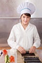 Woman making japanese sushi rolls Royalty Free Stock Photo