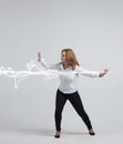 Woman making magic effect - flash lightning. The concept of electricity, high energy. Royalty Free Stock Photo