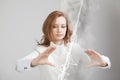 Woman making magic effect - flash lightning. The concept of electricity, high energy. Royalty Free Stock Photo