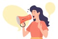 Woman making a megaphone hand gesture with a speech bubble above her head to announce a promotion or deal in a vector illustration Royalty Free Stock Photo