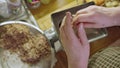 Woman making minced meat for patte with an electric meat grinder in the kitchen