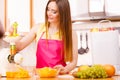 Woman making orange juice in juicer machine Royalty Free Stock Photo