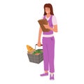 Woman making purchase grocery shopping food box package with basket isometric vector illustration