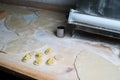 Woman making ukrainian dumplings with potatoes and cottage cheese