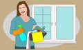 Woman making window cleaning. Flat style vector illustration isolated.