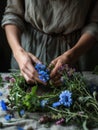 Woman making a wreath of fresh wildflowers and herbs for Scandinavian midsummer celebration. Generative AI