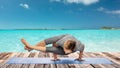 woman making yoga in handstand over ocean Royalty Free Stock Photo