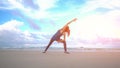 Woman is making yoga pose on beach in Vietnam. Sea or ocean happy female relaxation. Water and waves. Hands and blue sky Royalty Free Stock Photo