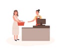 Woman at mall checkout flat vector illustration. Female customer with shopping basket standing in queue cartoon Royalty Free Stock Photo