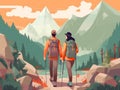 vacation woman man hill couple hike camping tent forest travel nature illustration. Generative AI.