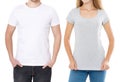 Woman and man in blank template t shirt isolated on white background. Guy and girl in tshirt with copy space and mock up Royalty Free Stock Photo