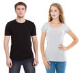 Woman and man in blank template t shirt isolated on white background. Guy and girl in tshirt with copy space and mock up Royalty Free Stock Photo