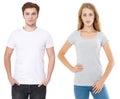 Woman and man in blank template t shirt isolated on white background. Guy and girl in tshirt with copy space and mock up Royalty Free Stock Photo