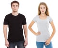 Woman and man in blank template t shirt isolated on white background. Guy and girl in tshirt with copy space and mock up Royalty Free Stock Photo