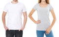 Woman and man in blank template t shirt isolated on white background. Guy and girl in tshirt with copy space and mock up Royalty Free Stock Photo