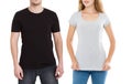 Woman and man in blank template t shirt on white background. Guy and girl in tshirt with copy space and mock up Royalty Free Stock Photo