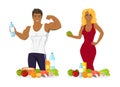 Woman and Man Bodybuliders Eating Healthy Food