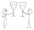 Woman and Man or Businessman Celebrating Success With Glasses of Wine, Vector Cartoon Stick Figure Illustration Royalty Free Stock Photo