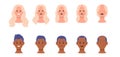 Woman and man cartoon characters hair loss problem, stage of baldness female male head icon set