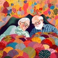 woman man happy together couple love sleep asleep retired old bed cartoon. Generative AI. Royalty Free Stock Photo
