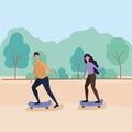 Woman and man cartoons on skateboards at park vector design