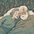 man woman asleep bed cartoon happy couple old together elderly retired love. Generative AI.