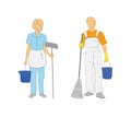 A woman and a man with cleaning equipment on white background. vector illustration