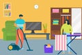 Woman man cleaning house, vector illustration. Flat couple person character make household work at home, people clean Royalty Free Stock Photo