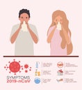 Woman and man with cold of 2019 ncov virus prevention typs vector design Royalty Free Stock Photo