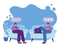 Woman and man on couch and chair with smartphone and laptop chatting vector design