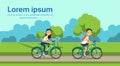 Woman man couple cycling on city park green lawn trees template landscape background copy space horizontal flat