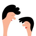 Woman man. Cute cartoon funny character. Happy Valentines Day. Kissing couple. Smooch kiss. Red lips. Profile face. Black hair.