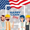 woman and man doctors with builders and usa flag