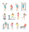 Woman and man doing various sports exercises with gym equipment. Fitness cartoon vector people, gym workout isolated Royalty Free Stock Photo