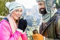 Woman and man drinking mulled wine on Christmas market Royalty Free Stock Photo