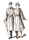 Woman and man from the early 20th century wearing antique raincoats and taking a walk