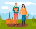 Woman and man farmers with harvest in boxes and baskets. Gardener workers with autumn garden stuff