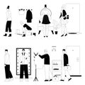 Woman or man getting dressed or undressed in hallway scenes set Royalty Free Stock Photo