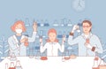 People in the laboratory making chemical or medicine analysis vector cartoon outline illustration. Royalty Free Stock Photo