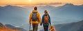 Woman and man with golden retriever dog hiking in foggy mountains. Amazing landscape. Travel and adventure concept Royalty Free Stock Photo