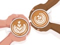 Woman and man hands holding coffee cup with latte art. Cappuccino crema of heart shape. Top view of table in cafe. Flat Royalty Free Stock Photo