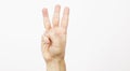  woman man hands show the number three on a white background. Perfect image for business. Three thumbs. Male hand is